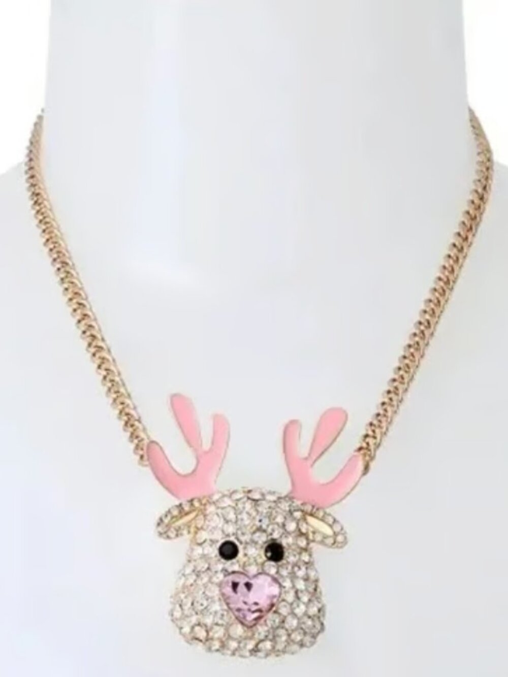 Betsey Johnson Christmas Gold and Pink Reindeer Pendant Necklace